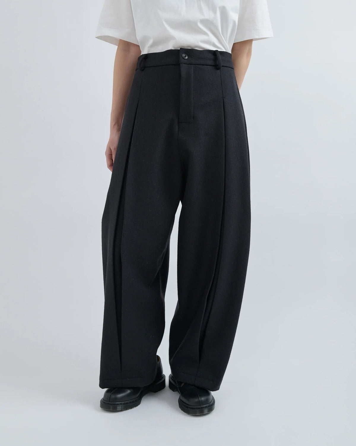 Black Melton Wool Box Pleat Trousers