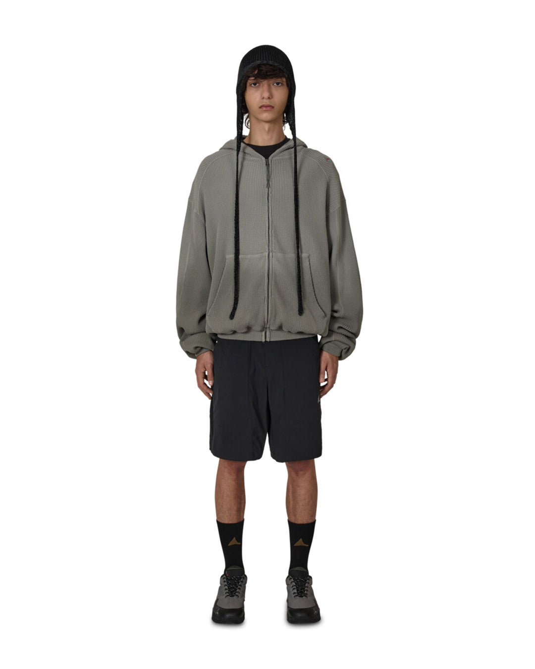 Grey Bee Sun Faded Organic Waffle Zip Up Hoodie