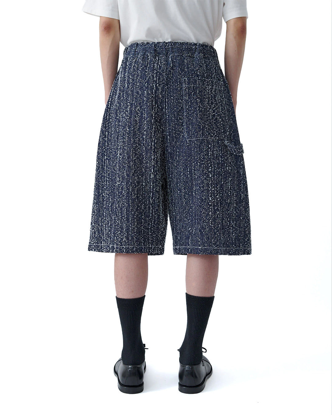 Indigo Needle Punch Denim Box Pleat Jort Shorts