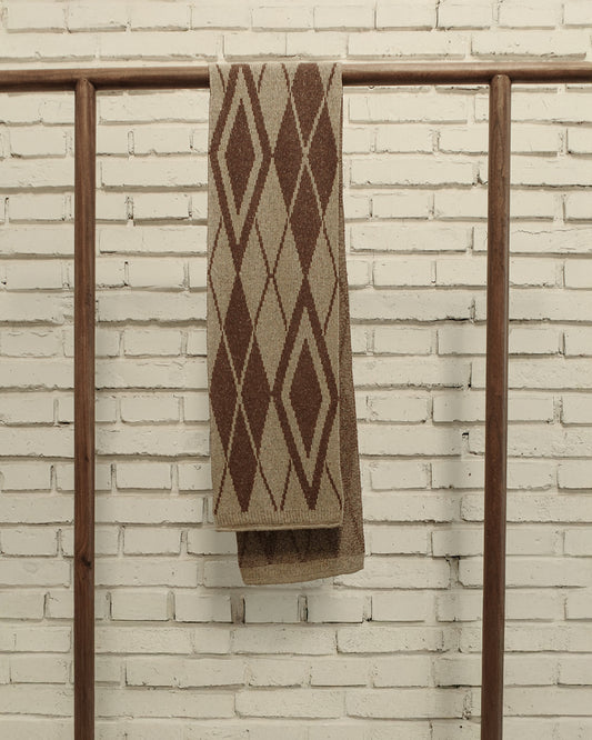 Brown and Natural Mix Slub Silk Argyle Knit Narrow Scarf