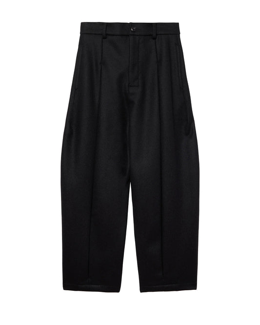Black Melton Wool Box Pleat Trousers