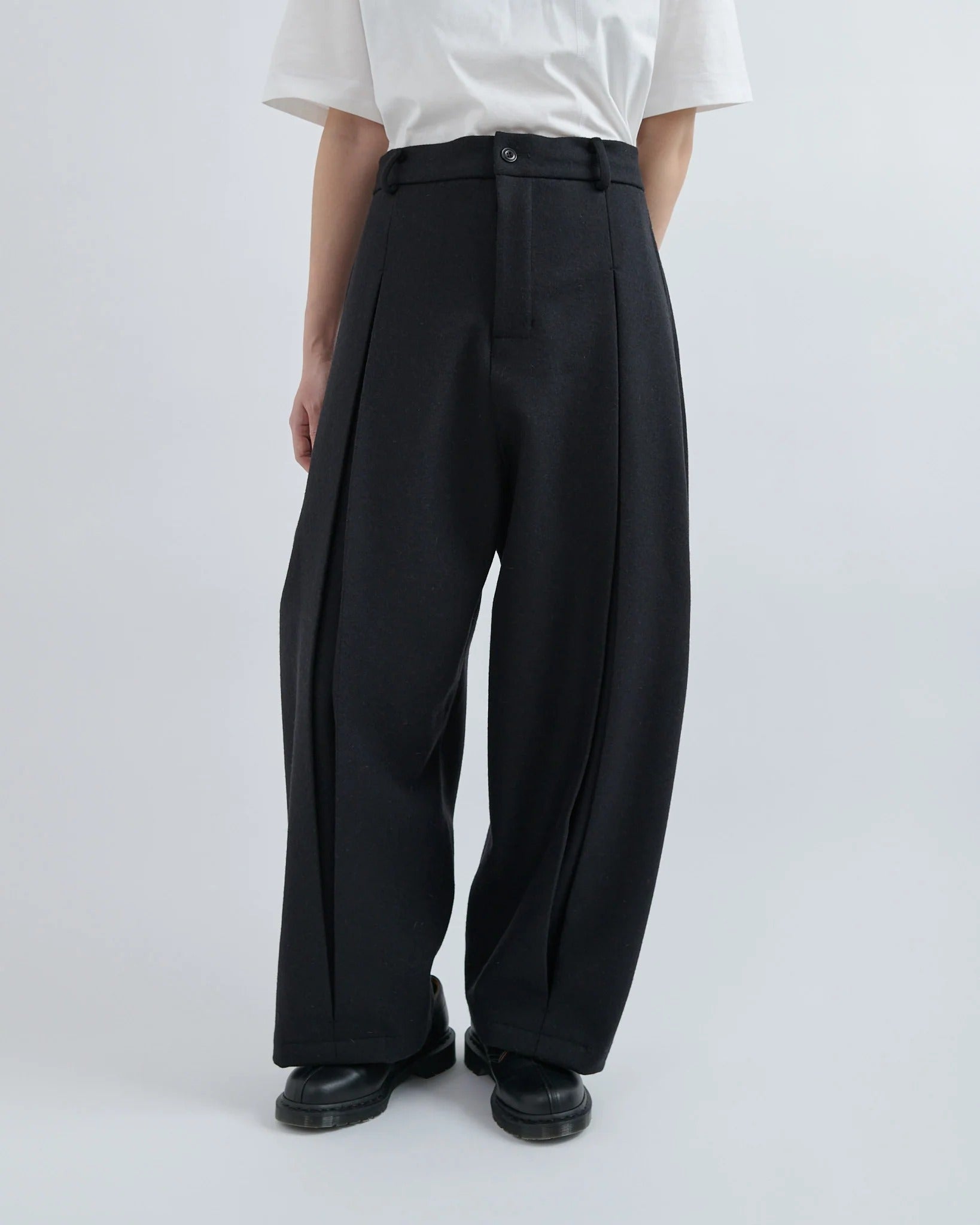 Black Melton Wool Box Pleat Trousers
