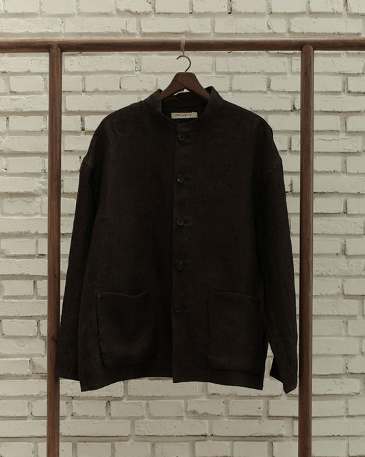 Black Mix Heavy Linen Argyle Stand Collar Soft Jacket