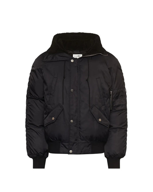 Black Nylon Hooded Bomber Jacket