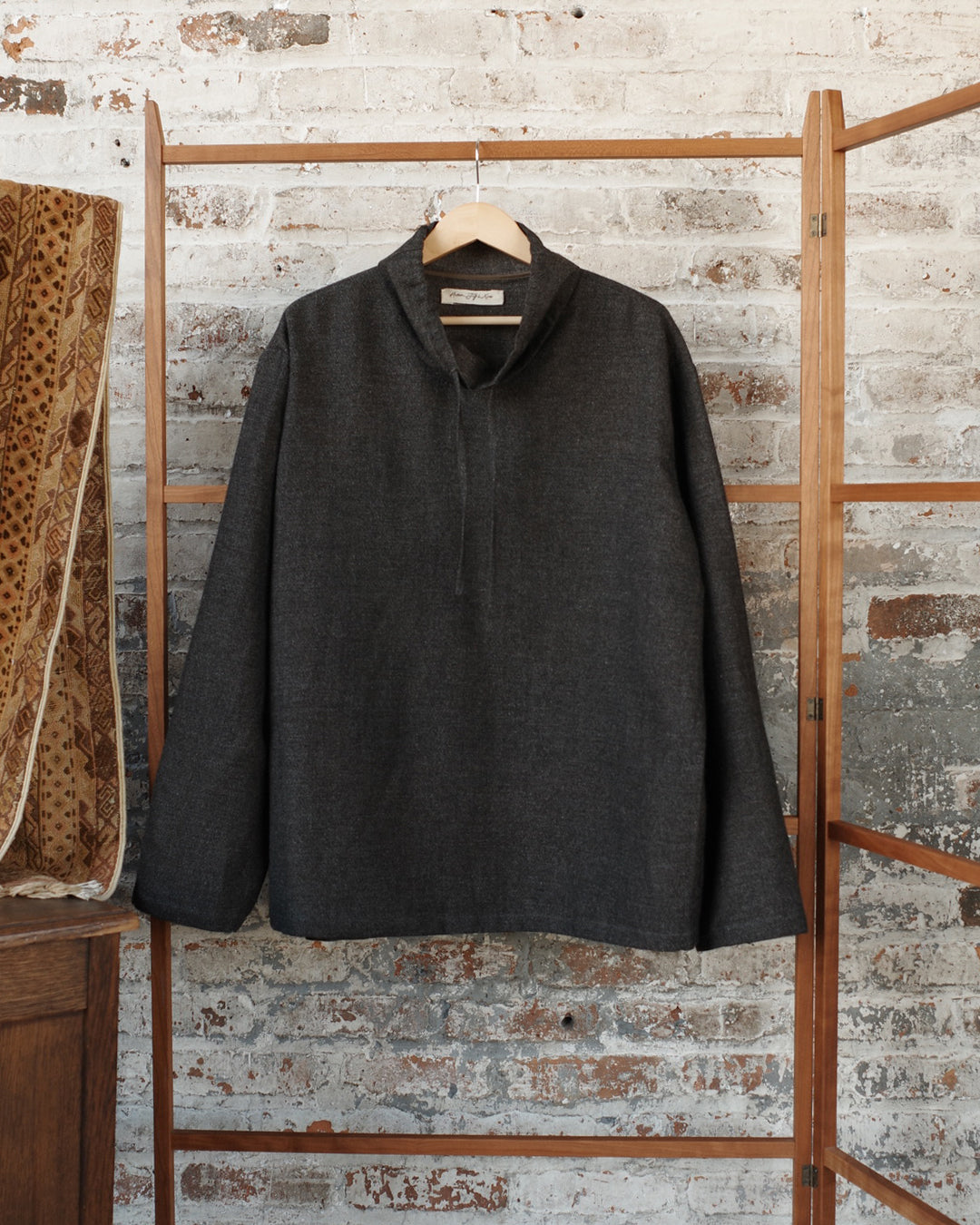 Charcoal Wool Yak Linen Twill Cowl Neck Top