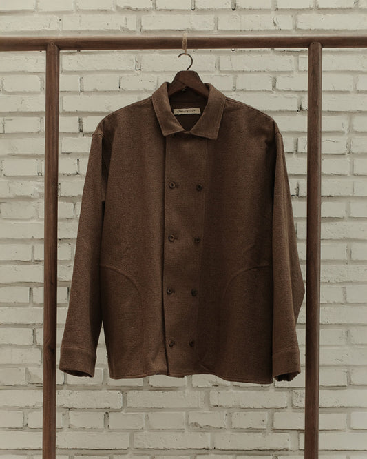 Brown Mix Cotton Silk Argyle Double Breasted Boxy Shirt