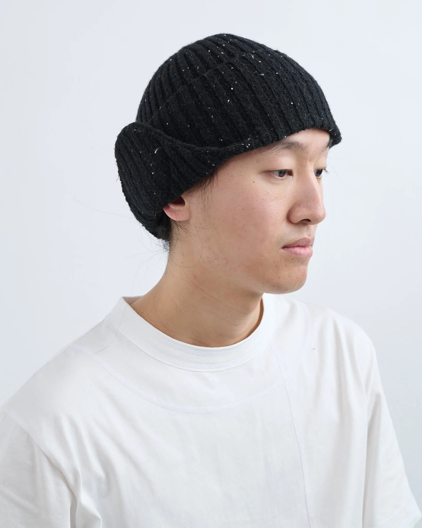 Speckled Black Wool Flap Beanie