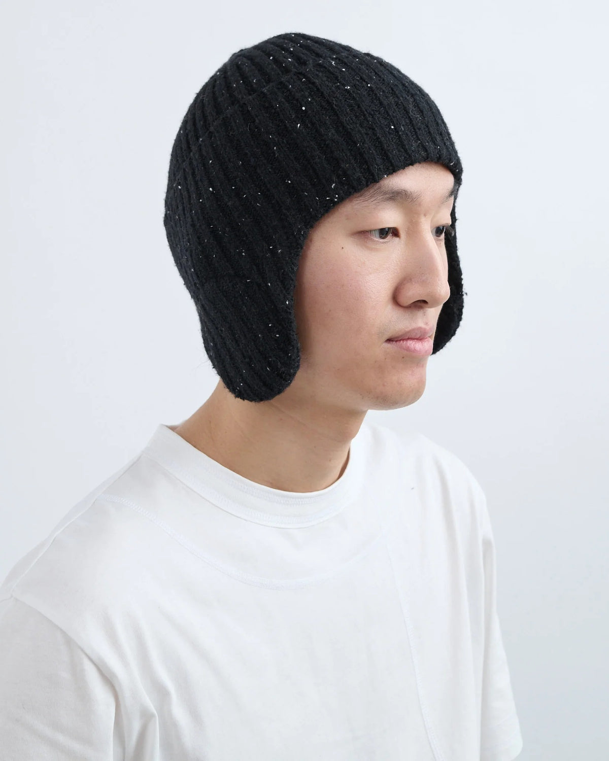 Speckled Black Wool Flap Beanie