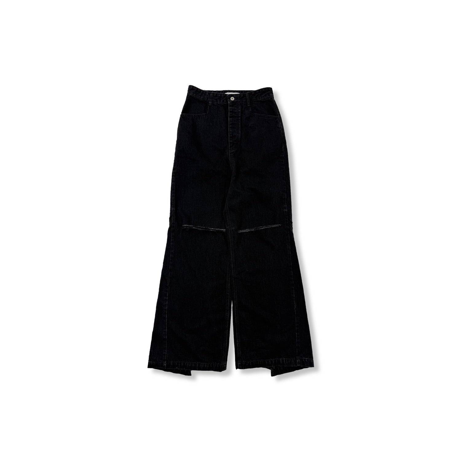Washed Black Wide Denim Damaged Trousers