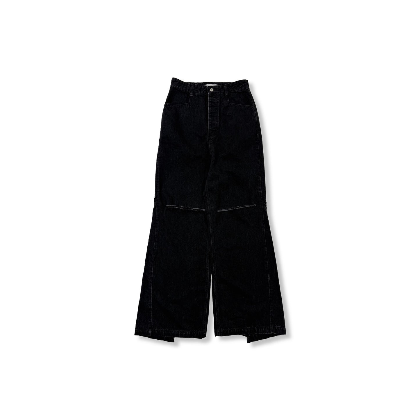 Washed Black Wide Denim Damaged Trousers