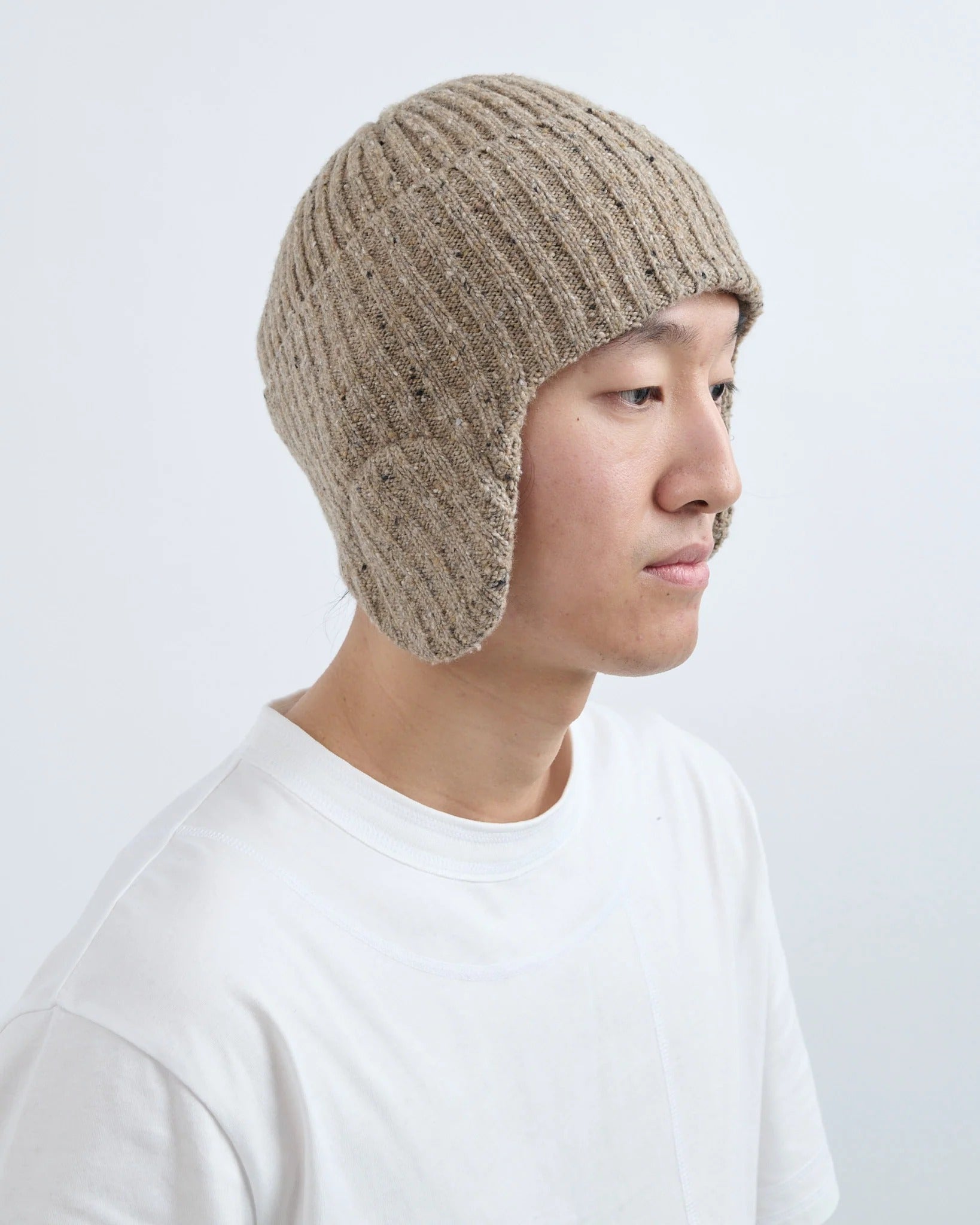 Speckled Beige Wool Flap Beanie