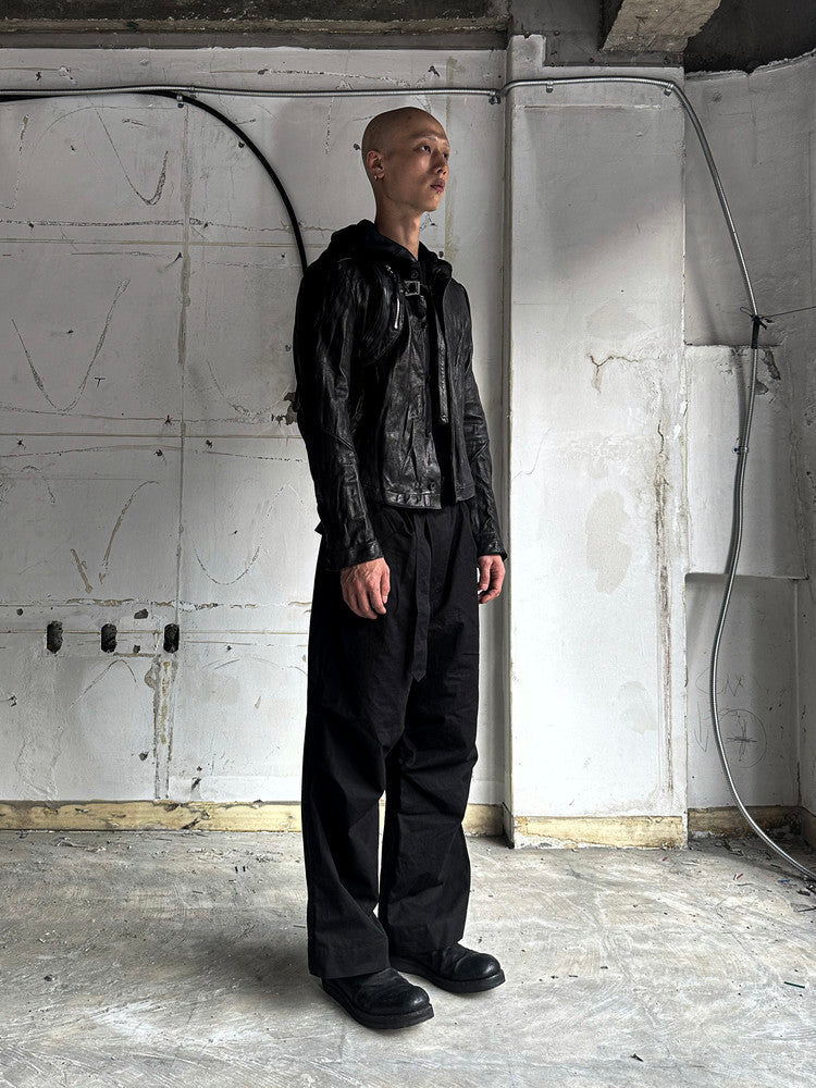 Black Single Panel Hooded Leather Jacket