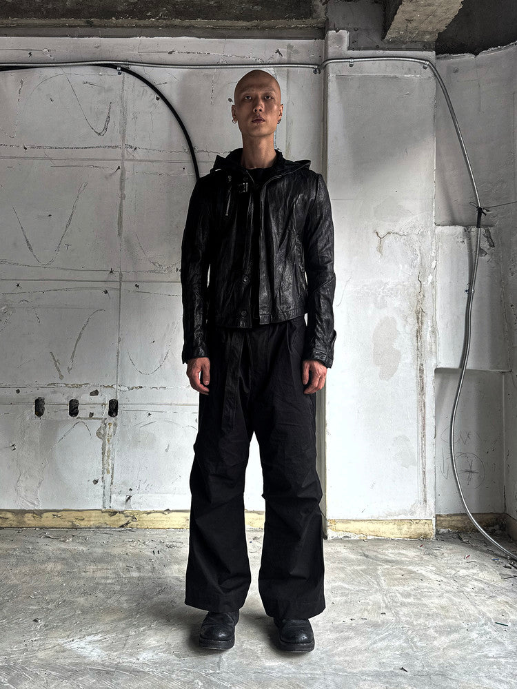 Black Single Panel Hooded Leather Jacket