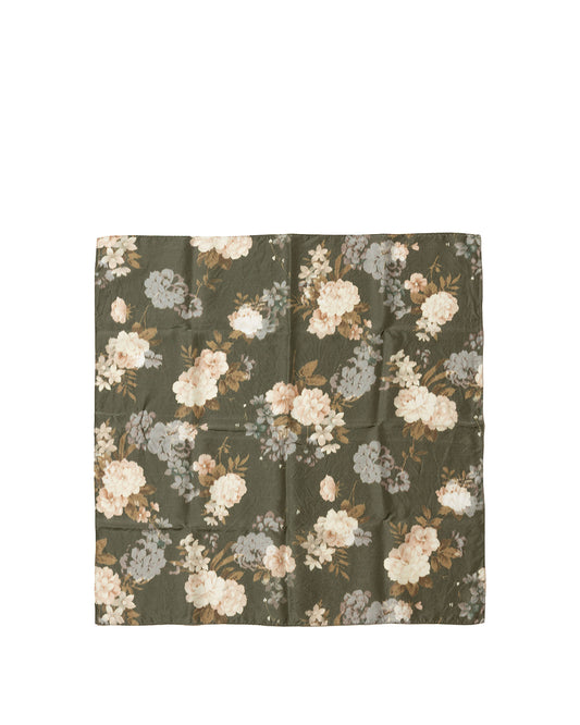 Khaki Gray Silk Cupro Flower Print Scarf