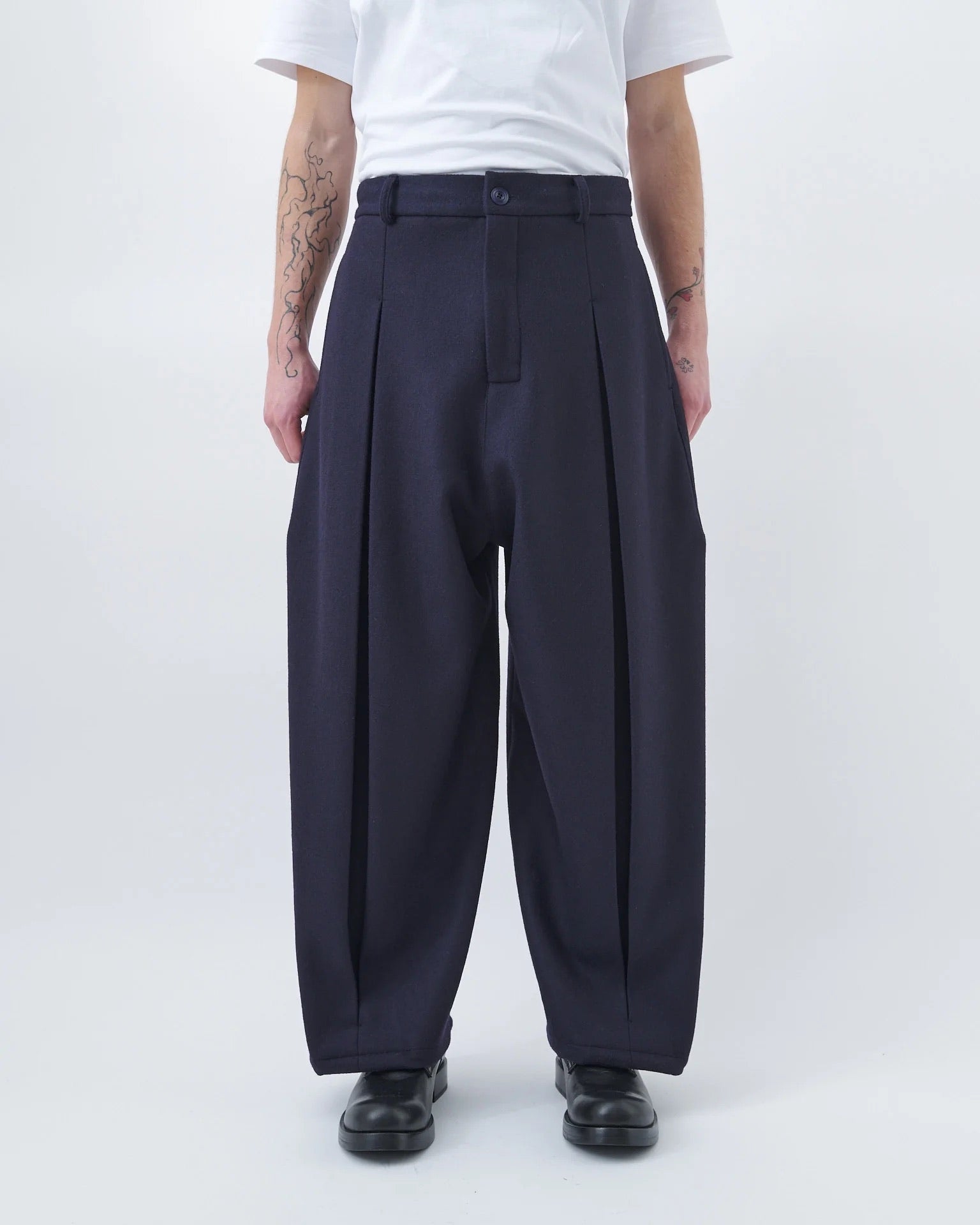 Dark Navy Box Pleat Wool Trouser