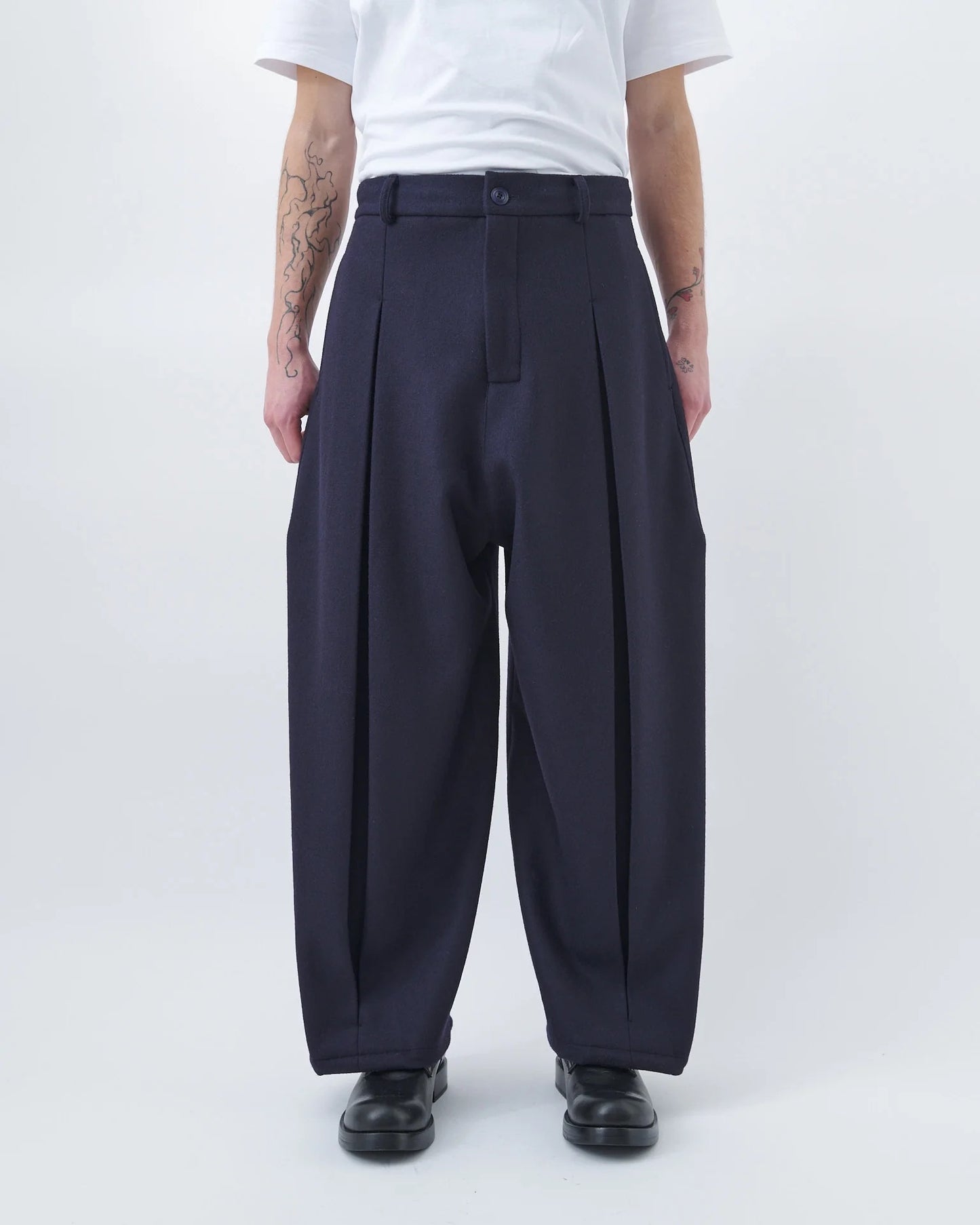 Dark Navy Box Pleat Wool Trouser