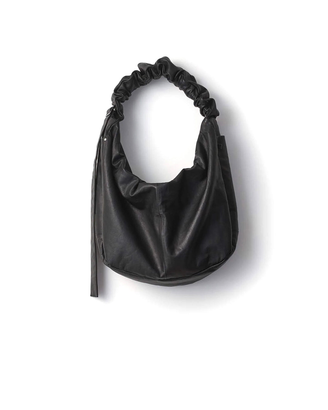 Black Goat Leather Shirring Handle Shoulder Bag
