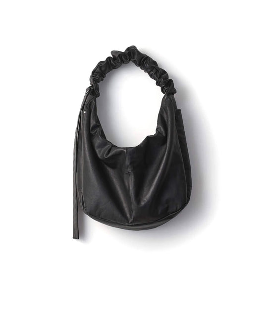 Black Goat Leather Shirring Handle Shoulder Bag