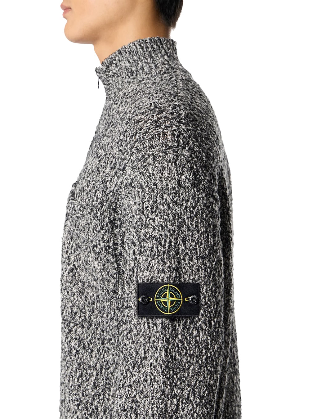 Black Melange Speckled Cotton Half Zipper Sweater