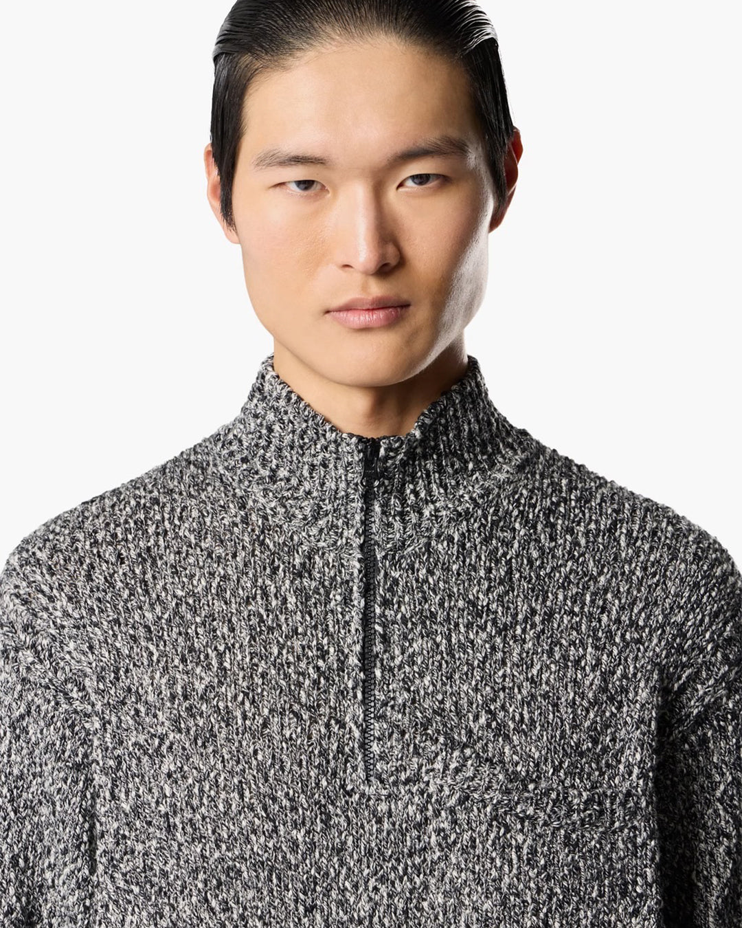 Black Melange Speckled Cotton Half Zipper Sweater