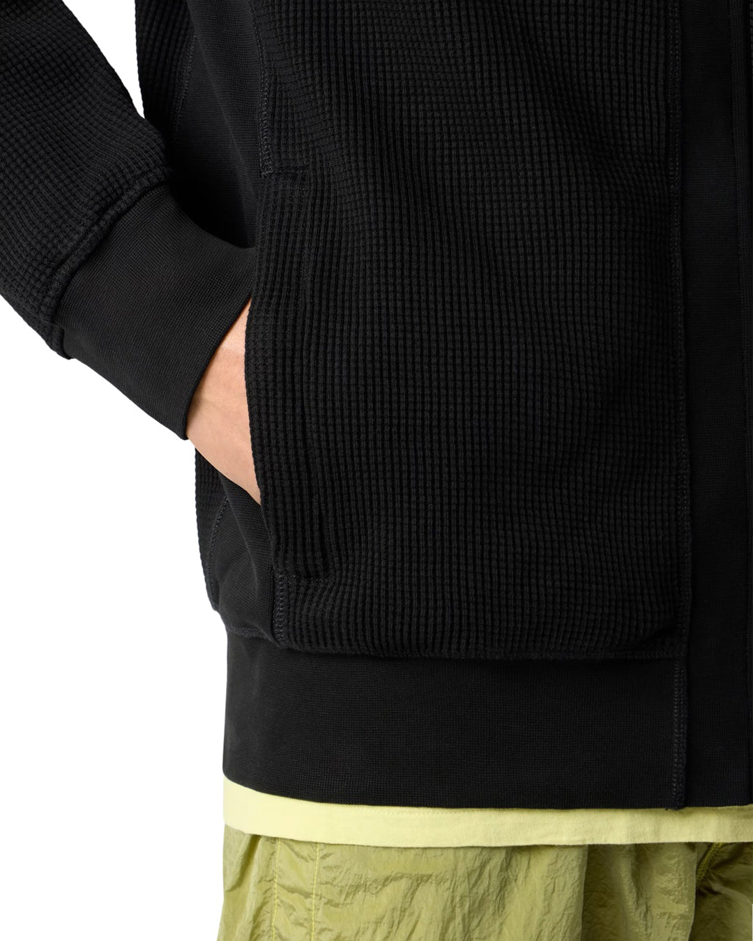 Black Organic Cotton Waffle Fleece Zipper-up Hooded Sweatshirt