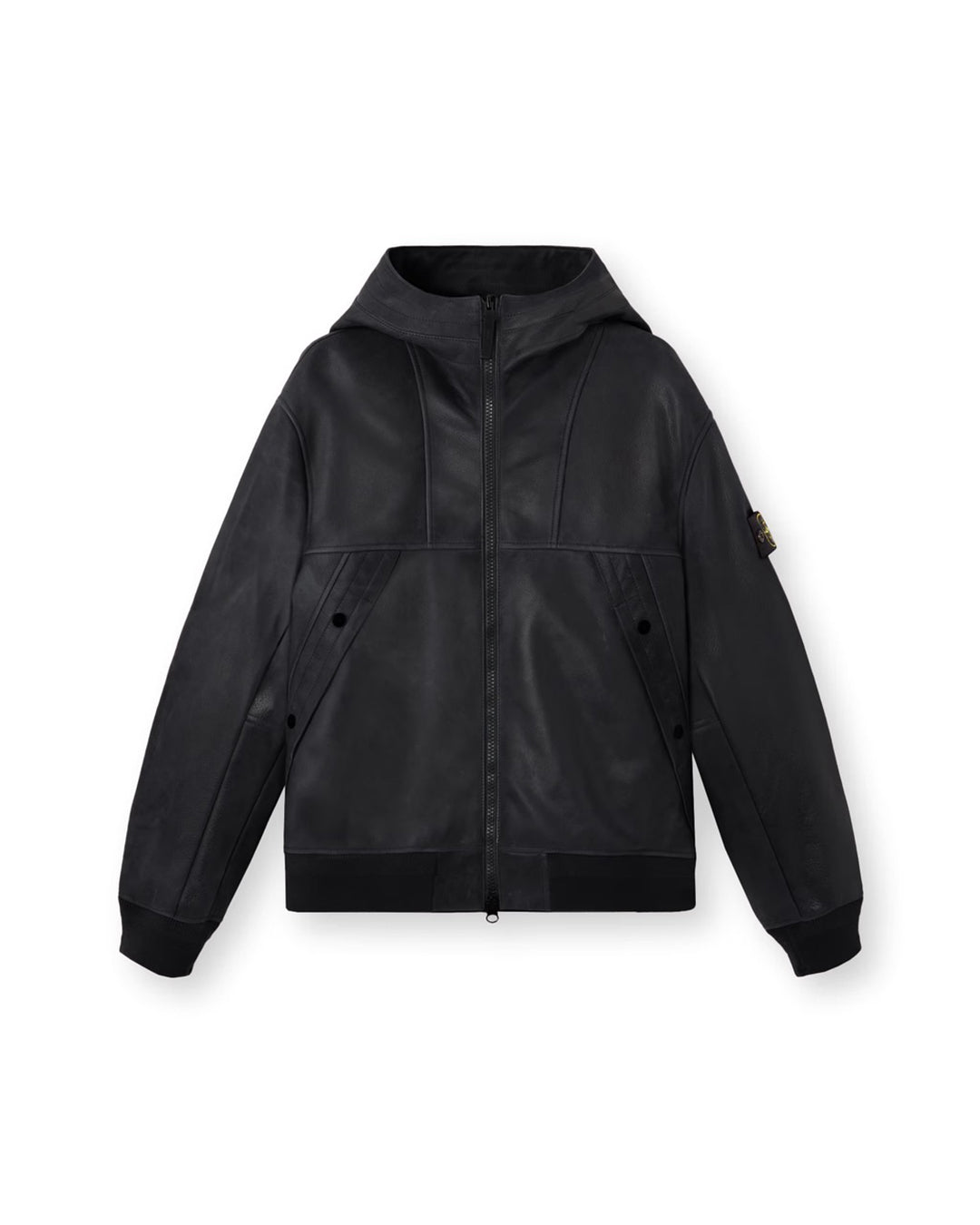 Black Textured Leather Padded Hooded Jacket