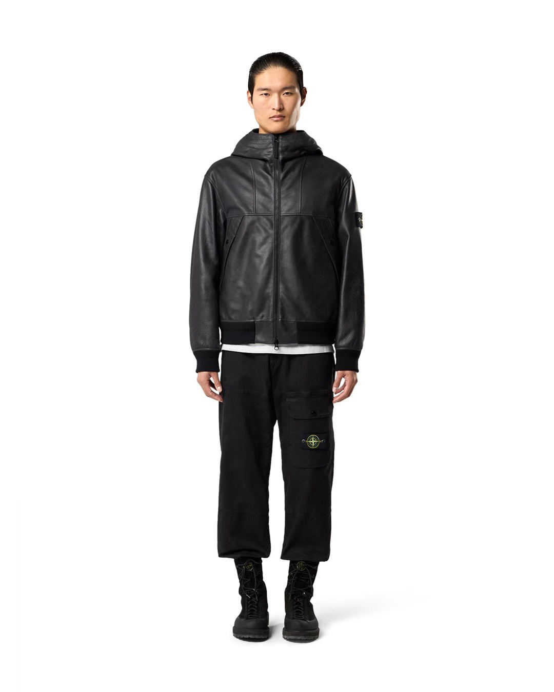 Black Textured Leather Padded Hooded Jacket