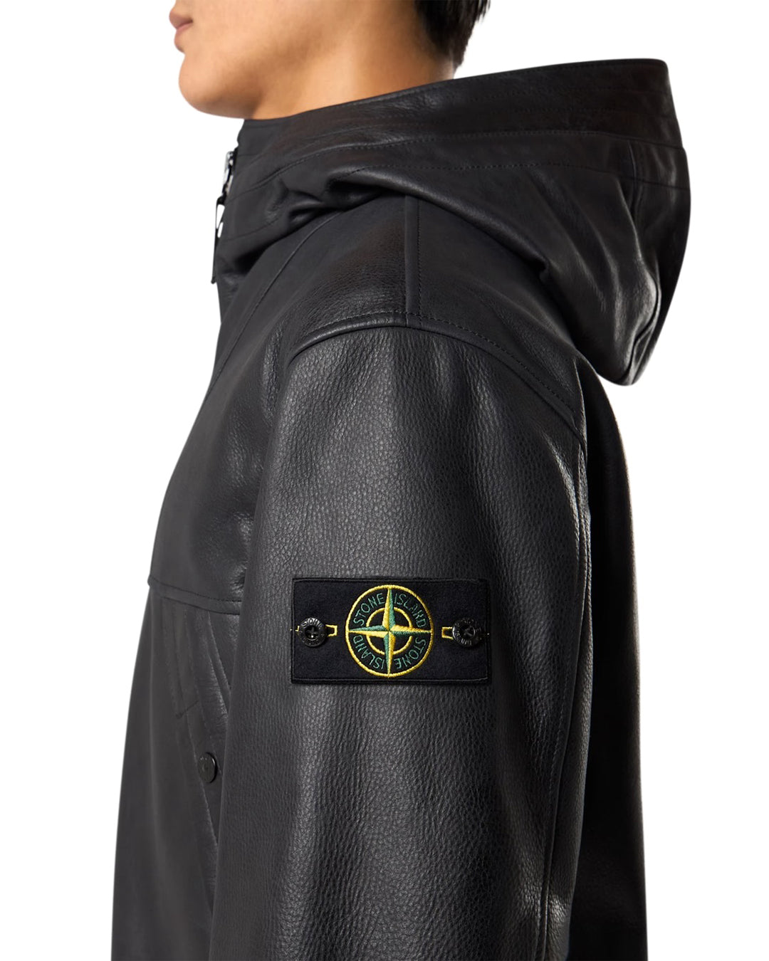 Black Textured Leather Padded Hooded Jacket