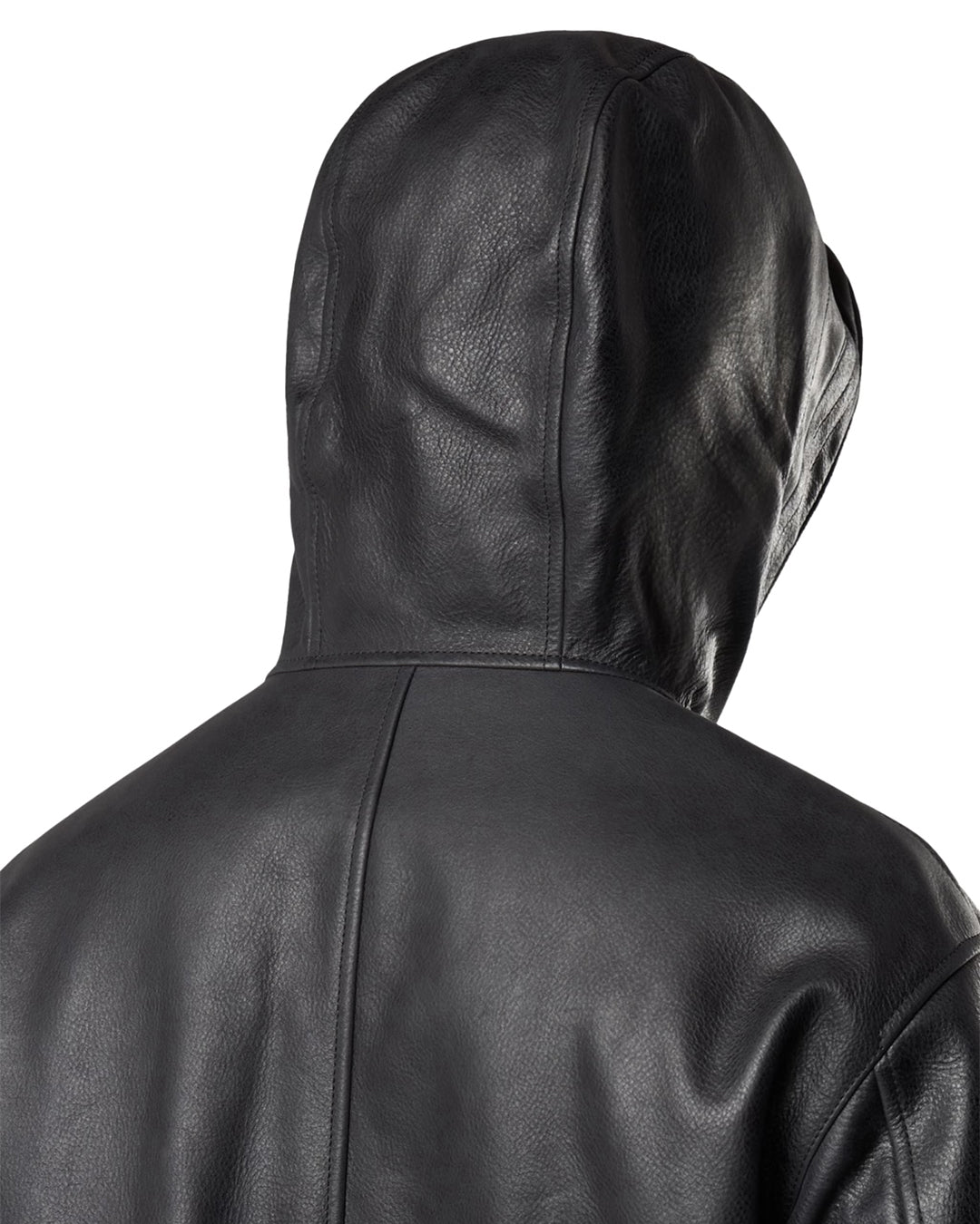 Black Textured Leather Padded Hooded Jacket