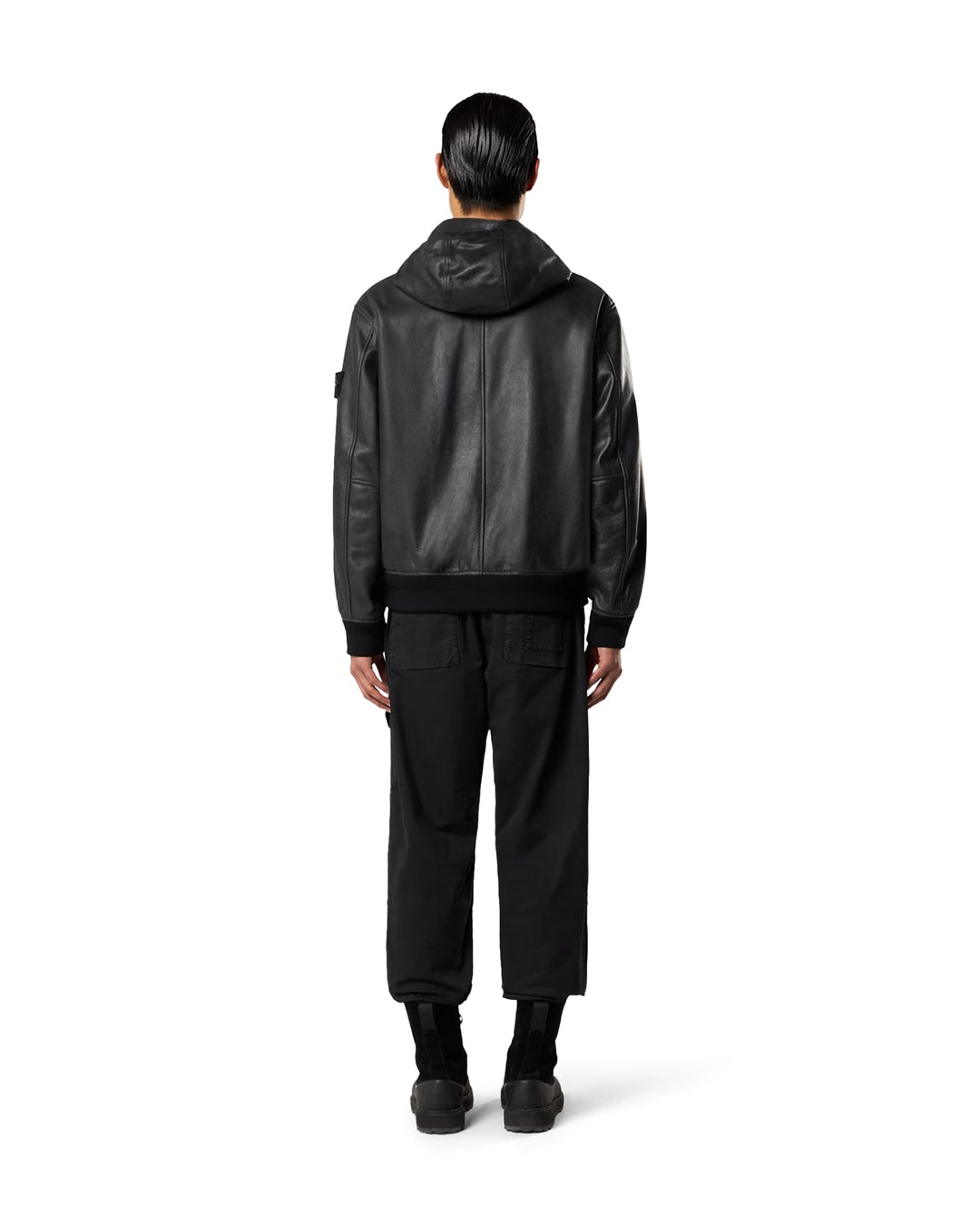 Black Textured Leather Padded Hooded Jacket