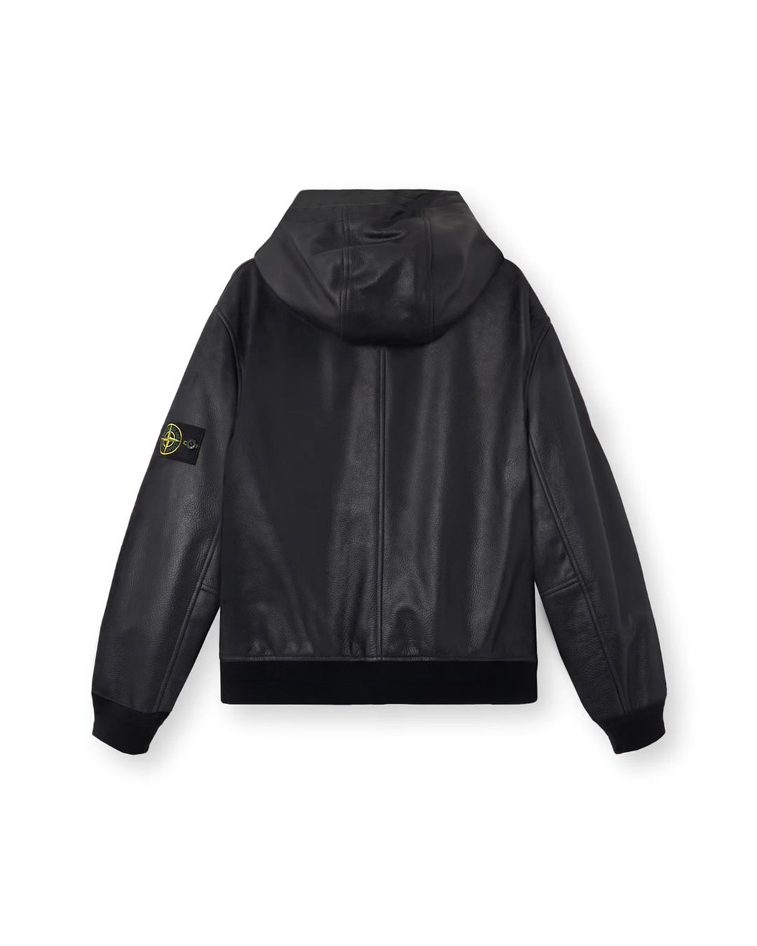 Black Textured Leather Padded Hooded Jacket