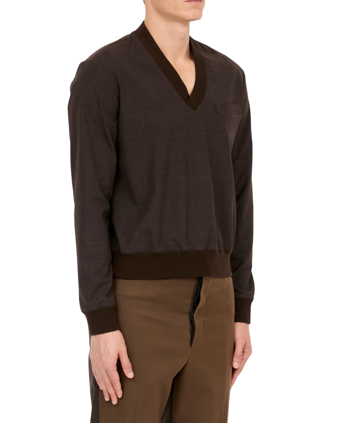 Deep Brown Tailoring Wool Blend Long Sleeve Top