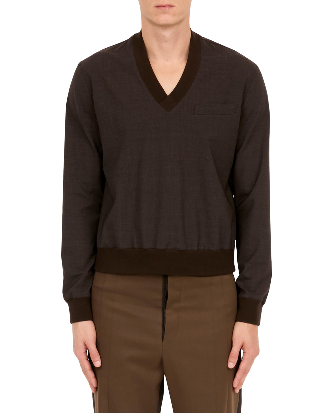 Deep Brown Tailoring Wool Blend Long Sleeve Top