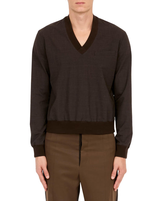 Deep Brown Tailoring Wool Blend Long Sleeve Top