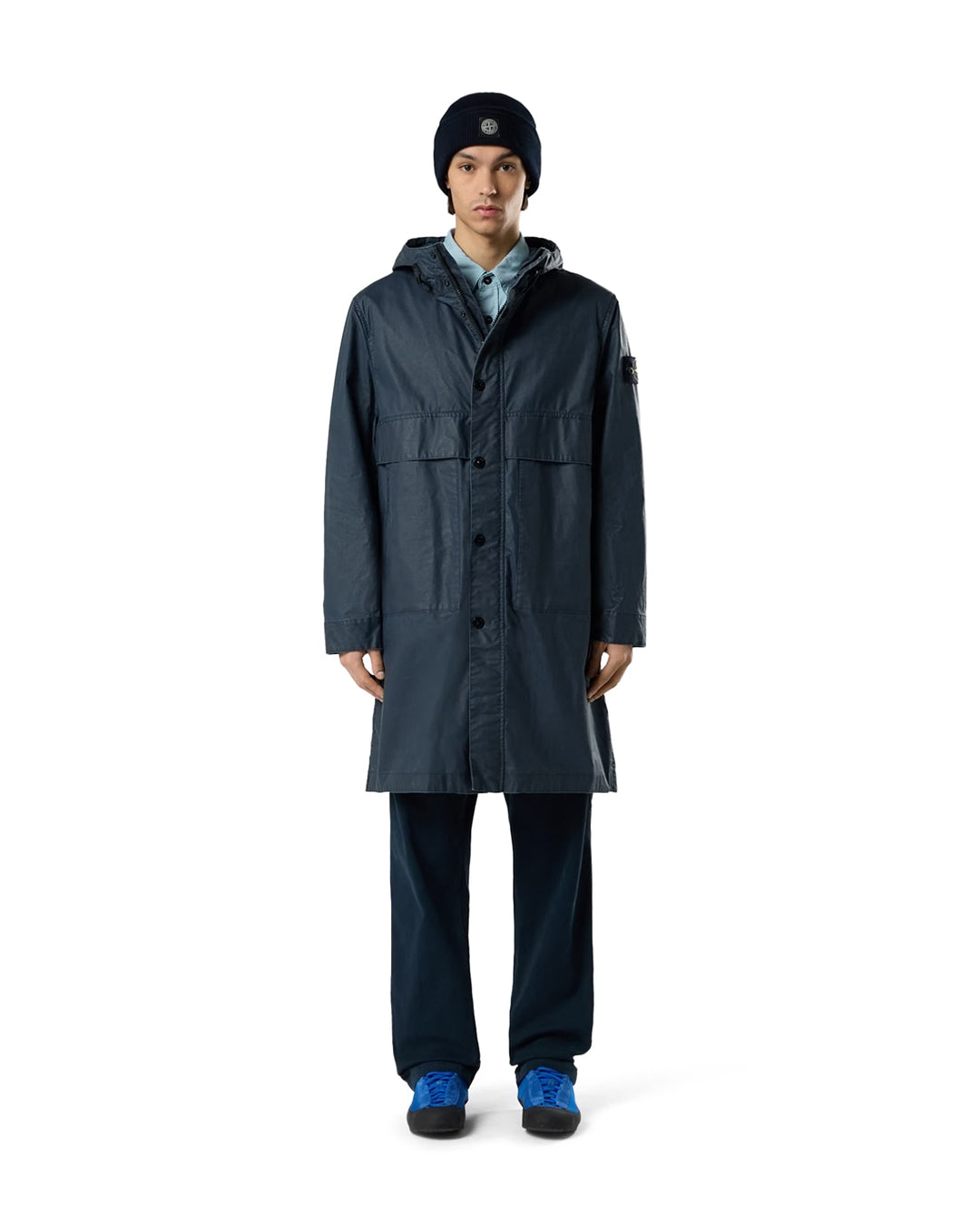 Navy Blue Waxed Pigment Cotton Tela Long Hooded Parka