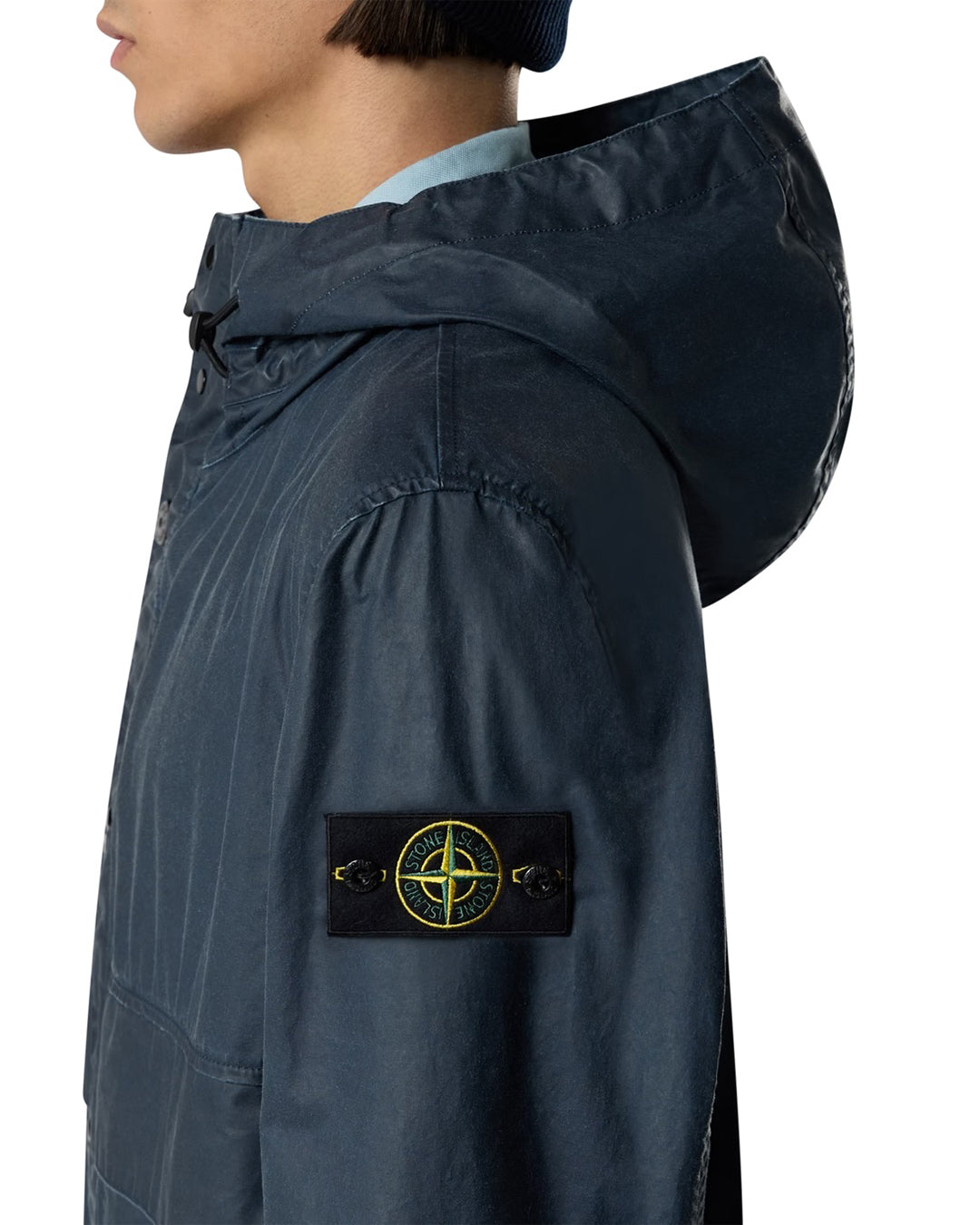 Navy Blue Waxed Pigment Cotton Tela Long Hooded Parka
