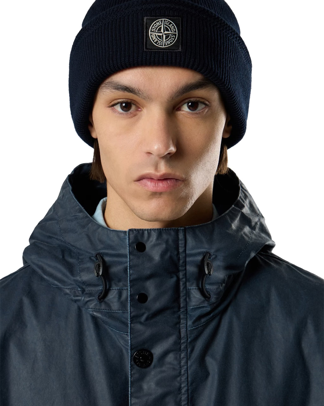 Navy Blue Waxed Pigment Cotton Tela Long Hooded Parka