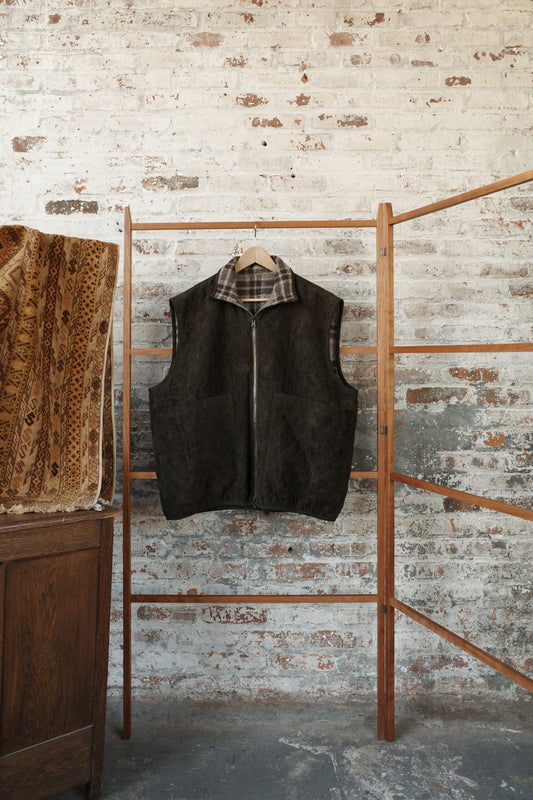 Natural Brown Brushed Wool Check/Carob Linen Velvet Reversible Zip Vest