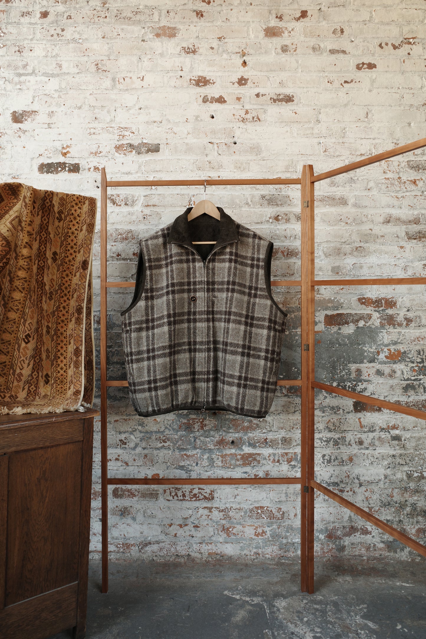 Natural Brown Brushed Wool Check/Carob Linen Velvet Reversible Zip Vest