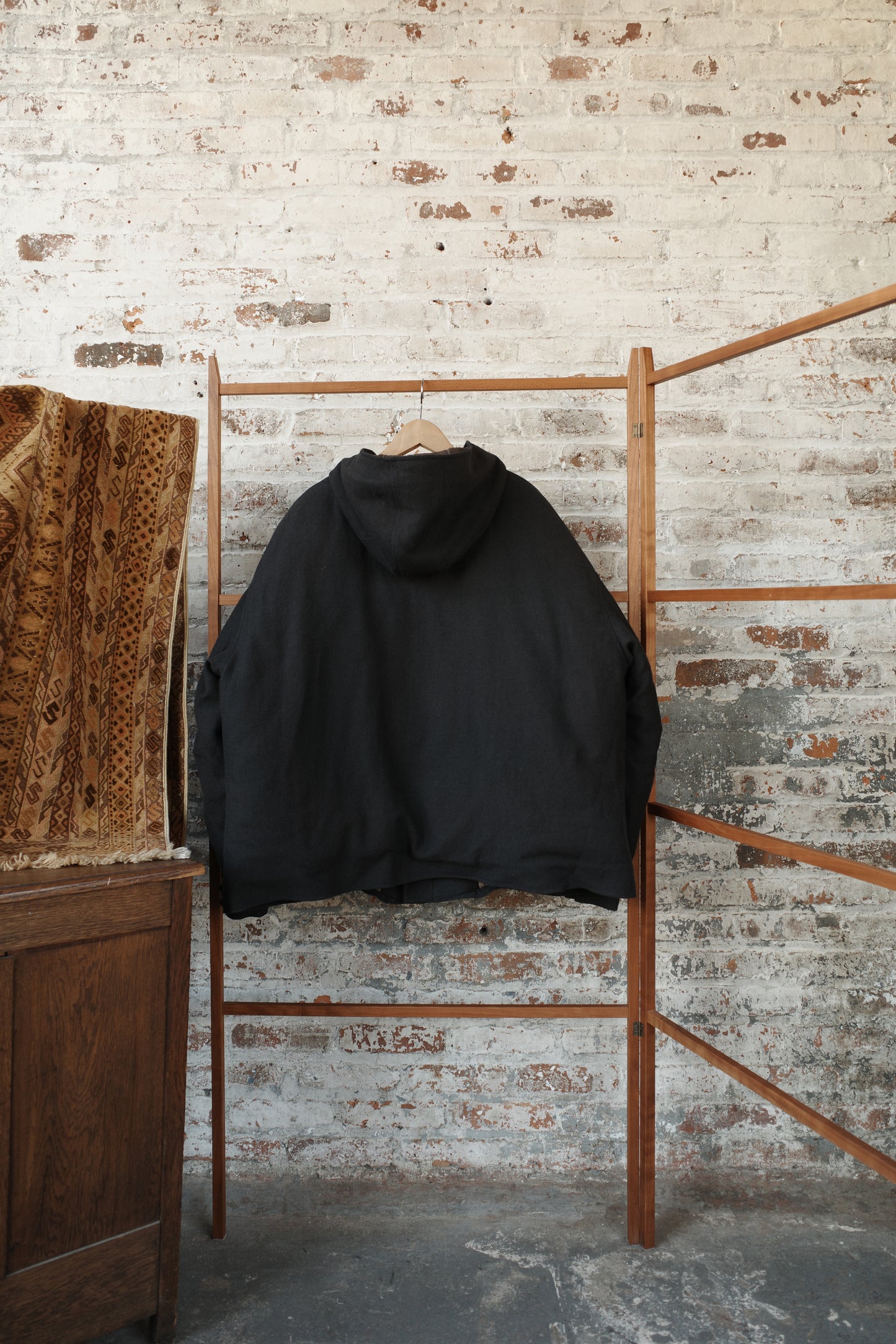 Black Wool Cotton Washi Twill Padded Zip Parka