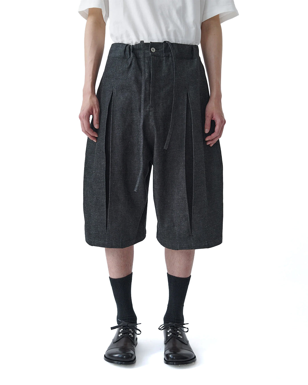 Raw Black Denim Box Pleat Jort Shorts