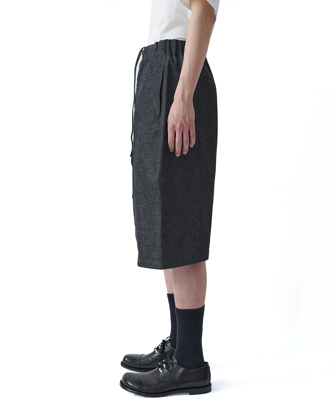 Raw Black Denim Box Pleat Jort Shorts
