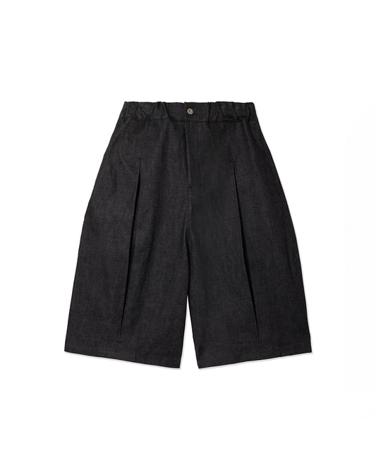 Raw Black Denim Box Pleat Jort Shorts