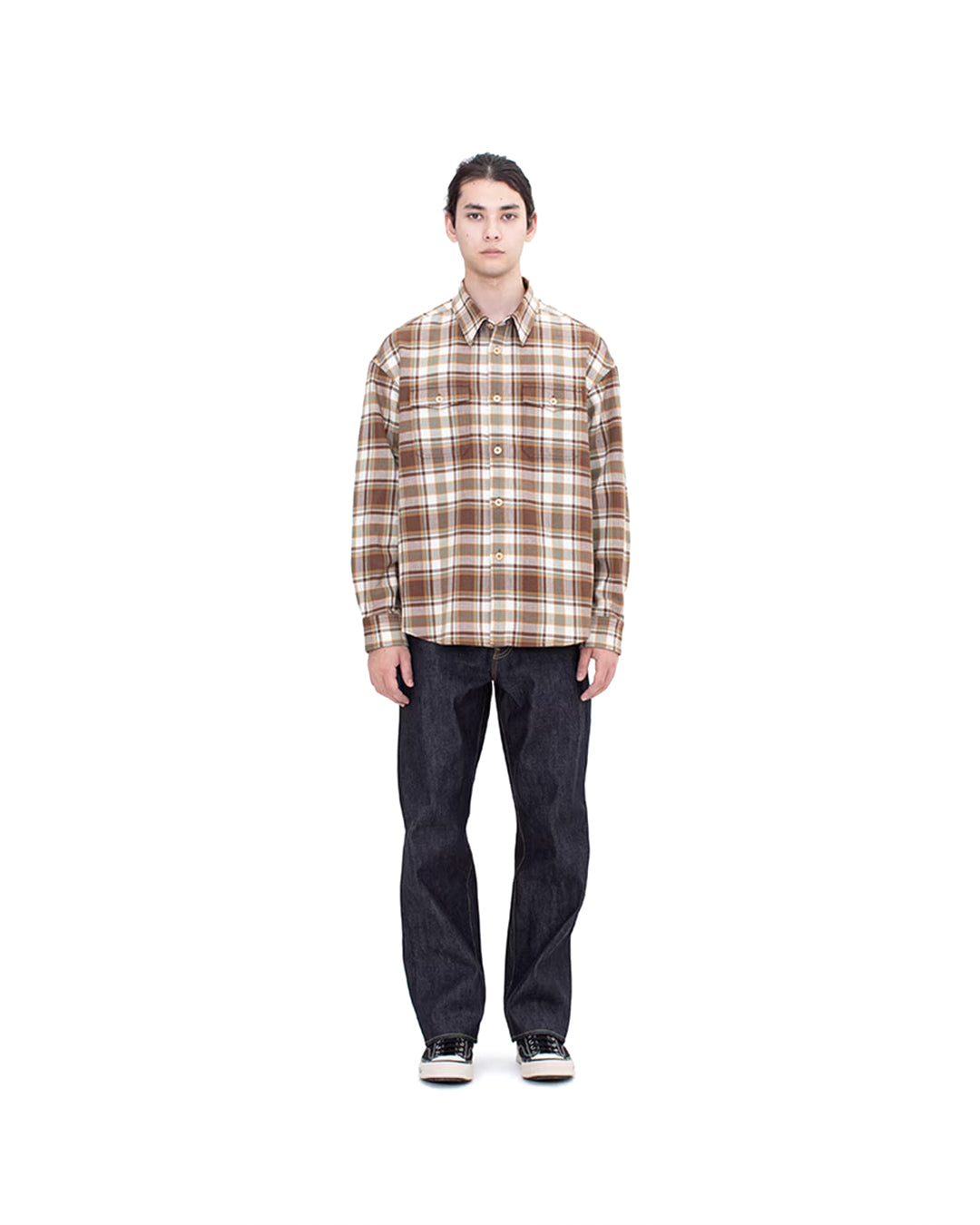 Brown Wool Linen Lumber Check Long Sleeve Shirt
