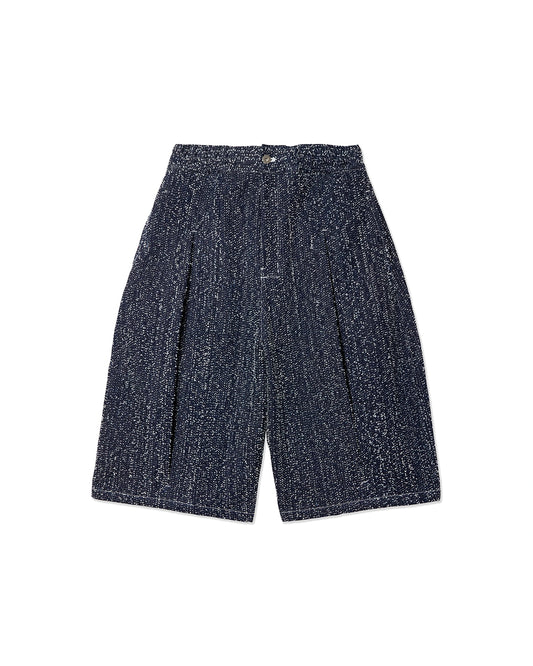 Indigo Needle Punch Denim Box Pleat Jort Shorts
