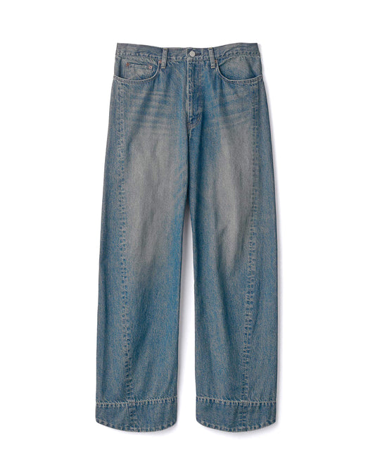 Washed Indigo Cotton Twist Cut Denim Pants